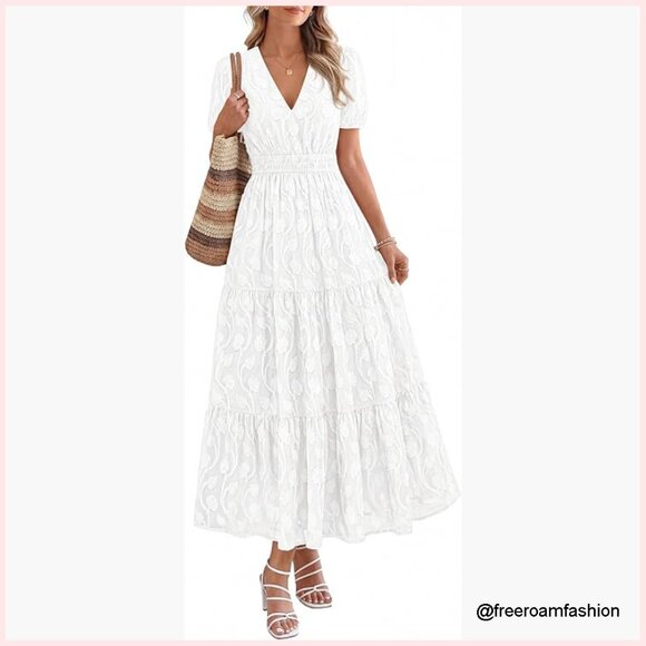 Boho Maxi Dress V-Neck Short Sleeve Elastic Waist Floral Summer Casual